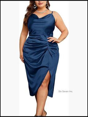 Plus Size Ruched Satin Midi Dress with Cowl Neck and Spaghetti Straps for